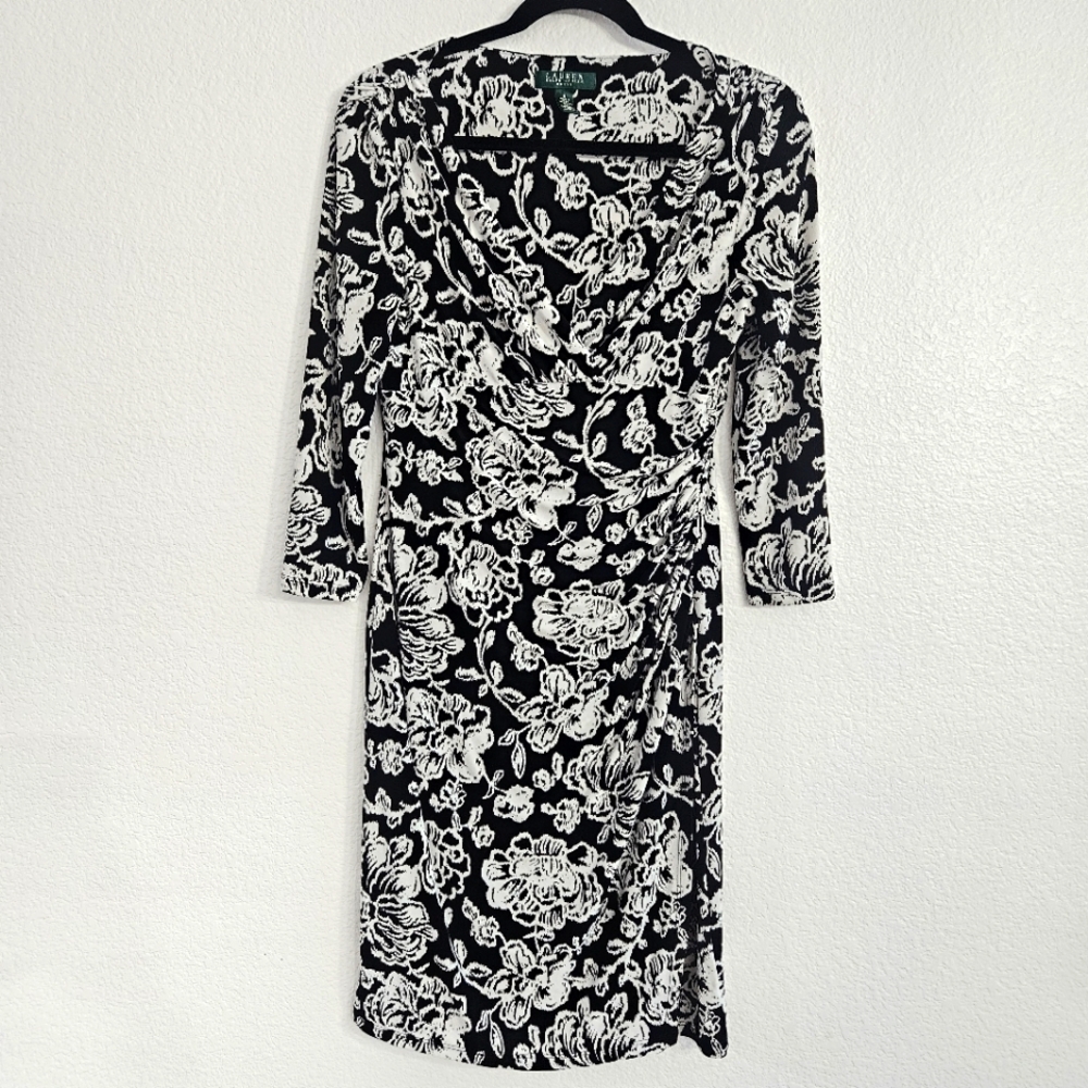Lauren Ralph Lauren Dress Women’s 6 Black/White Sheath Jersey Floral 3/4 Sleeves
